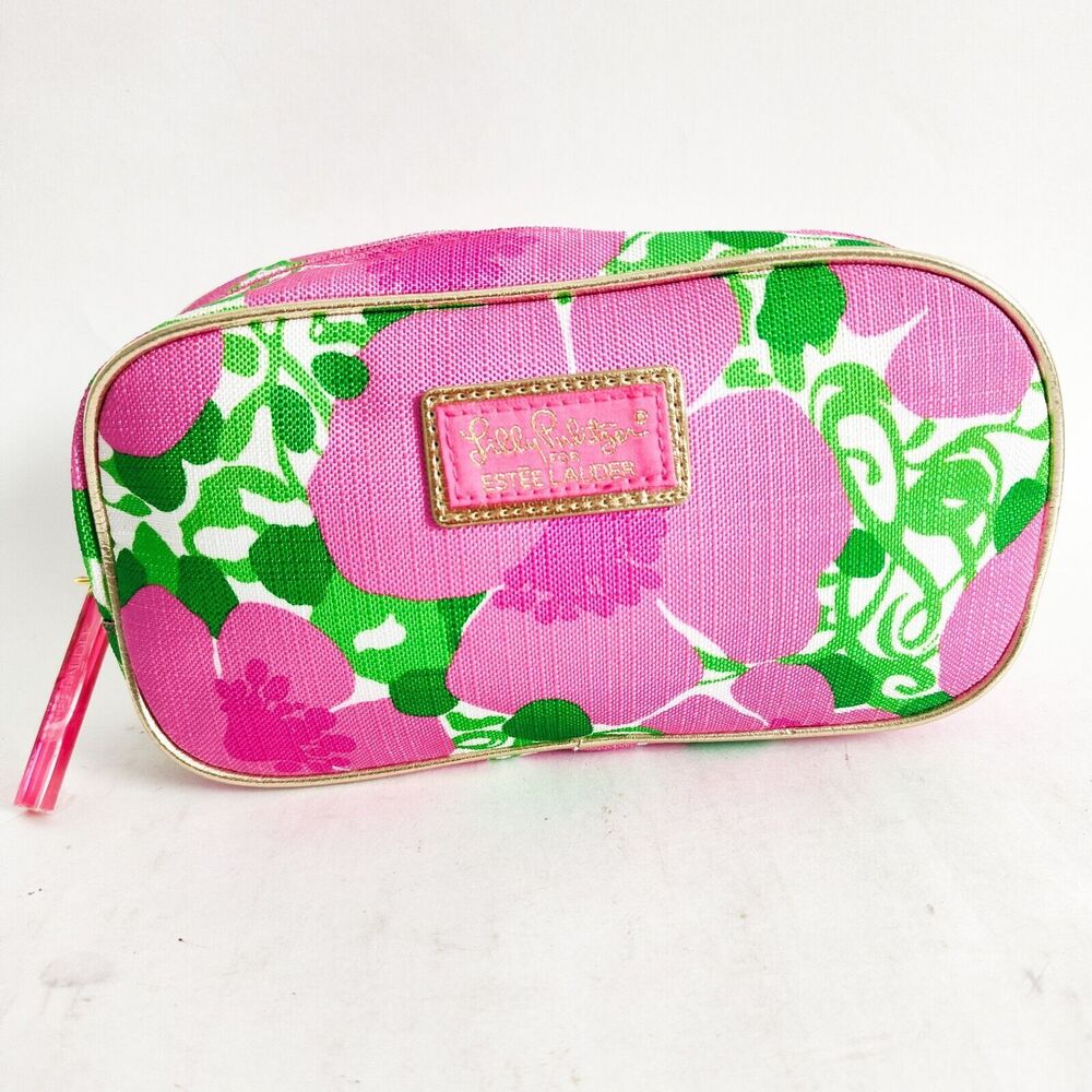 Lilly Pulitzer for Estee Lauder Pink Green Floral Travel Make-up Bag Pouch 9"x5"